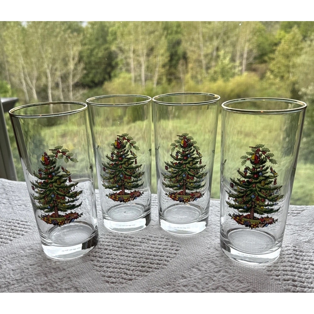 Spode Highball Tumbler Glass Christmas Tree Pattern Set of 4 6.25" Gold Trim VTG